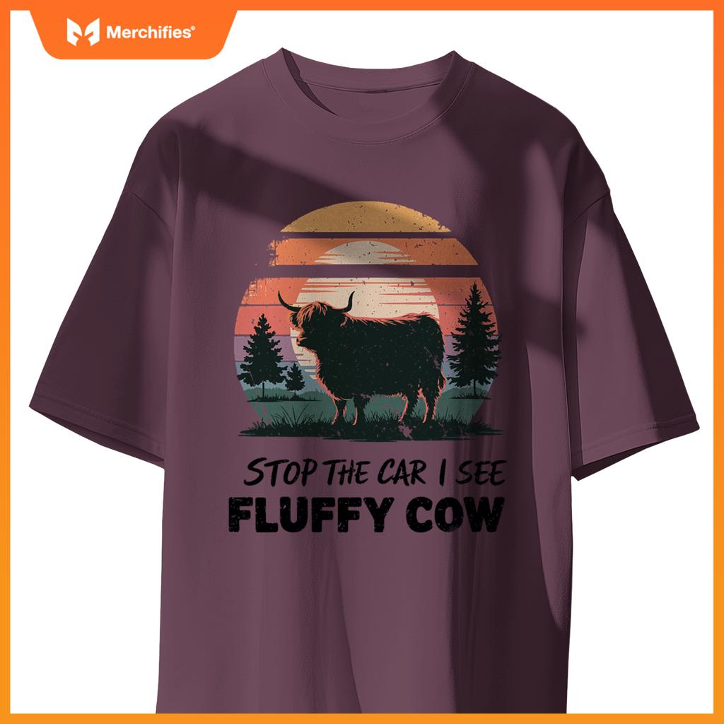 Stop  Car See Fluffy Cow Highland Cow Farm Sunset Nature T-Shirt