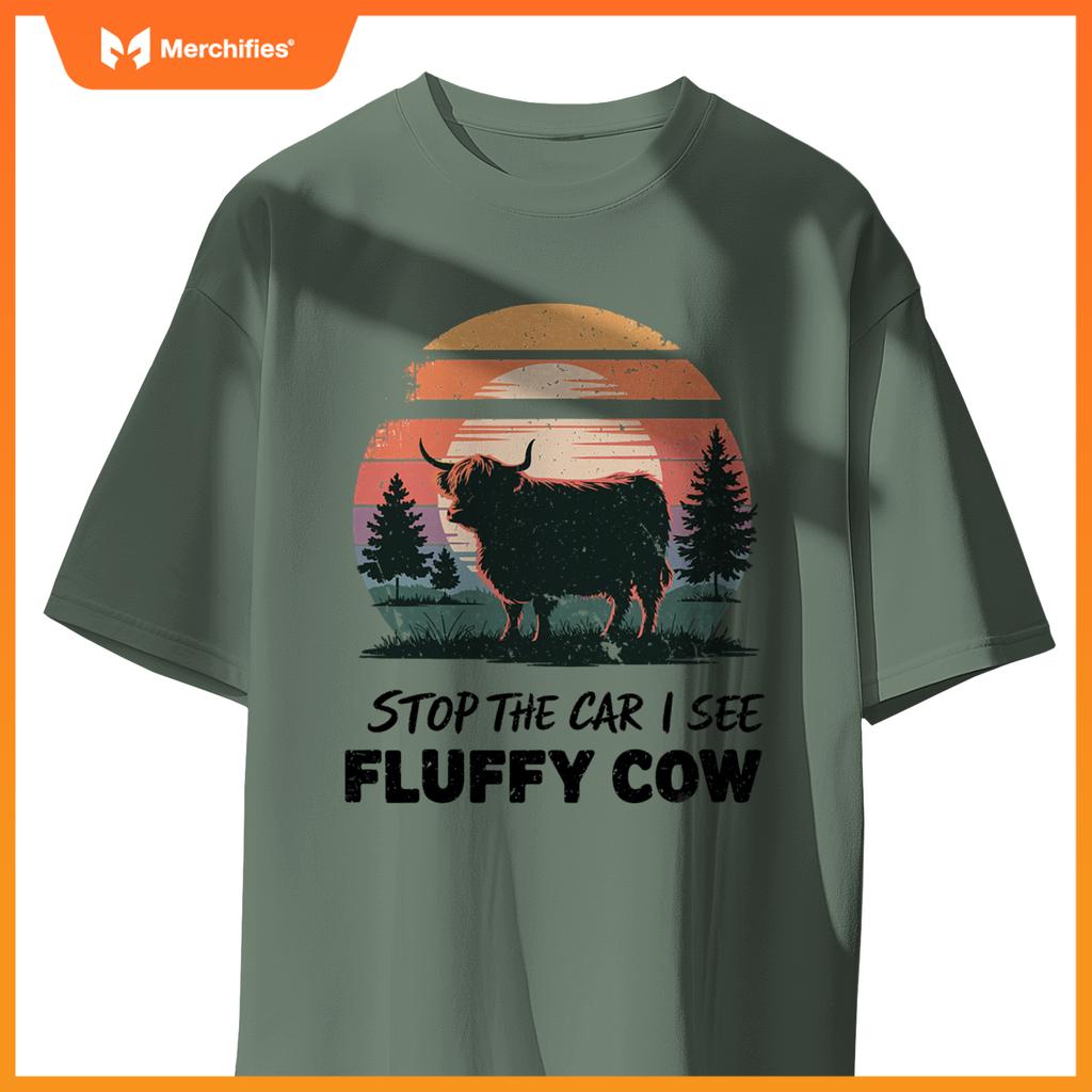 Stop  Car See Fluffy Cow Highland Cow Farm Sunset Nature T-Shirt