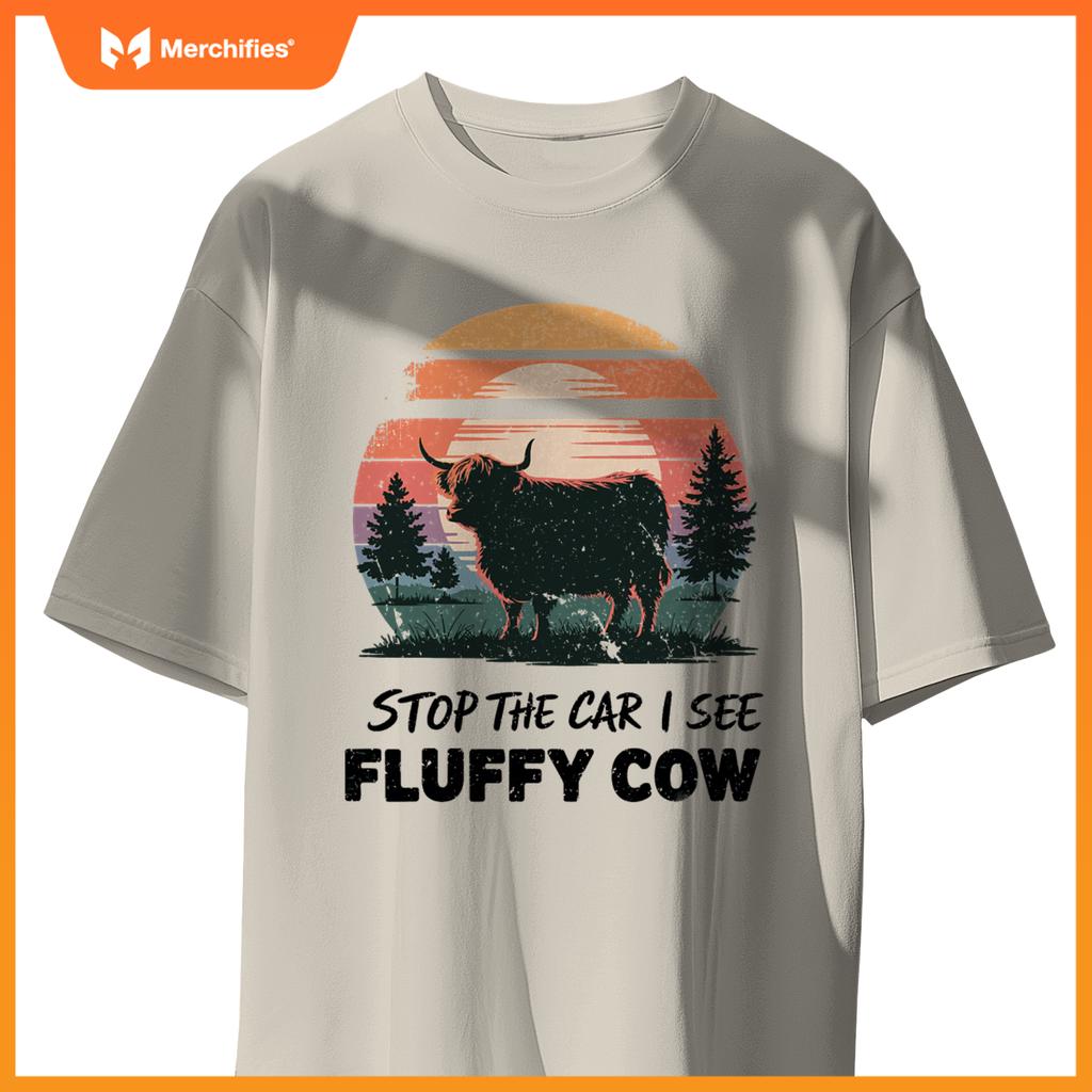 Stop  Car See Fluffy Cow Highland Cow Farm Sunset Nature T-Shirt