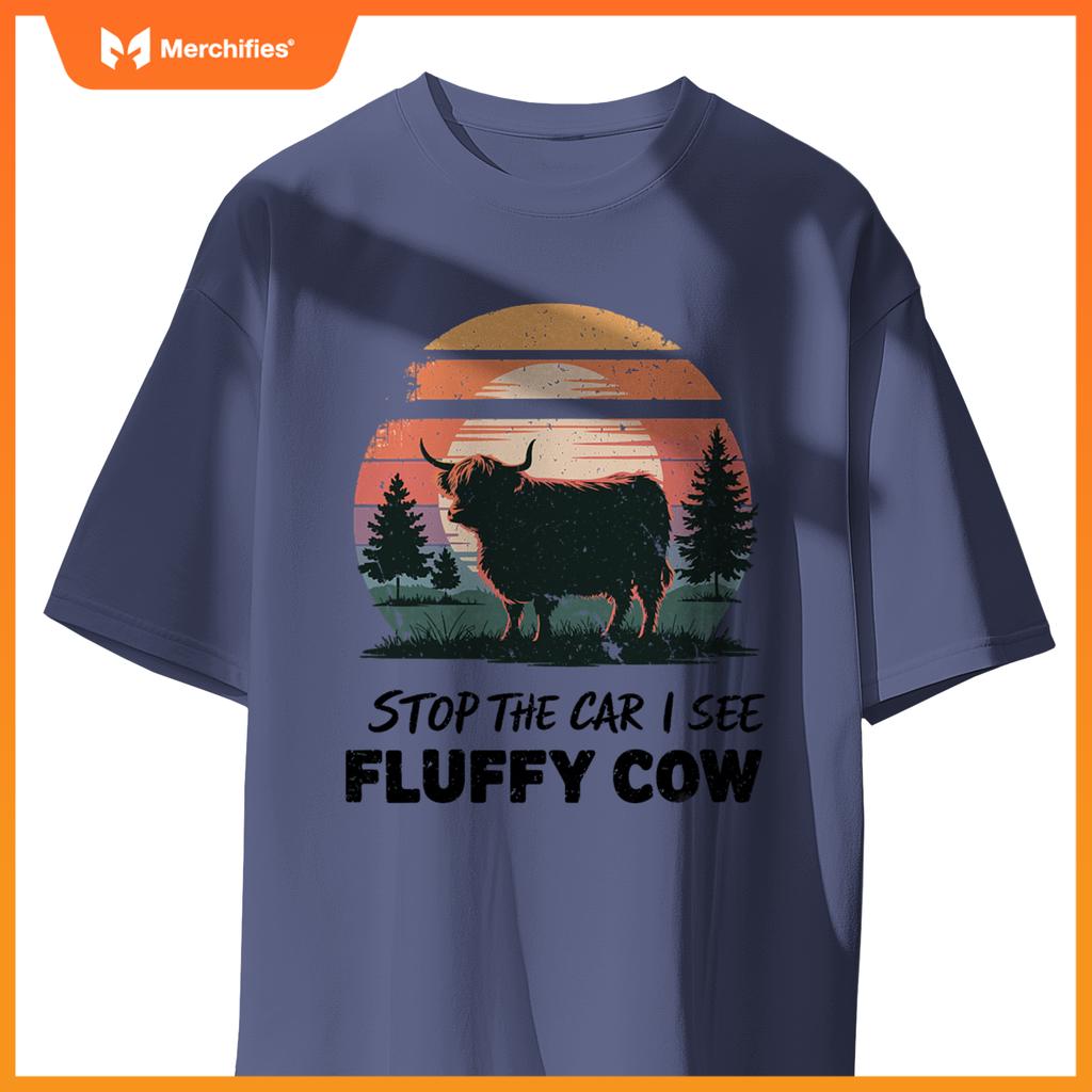 Stop  Car See Fluffy Cow Highland Cow Farm Sunset Nature T-Shirt