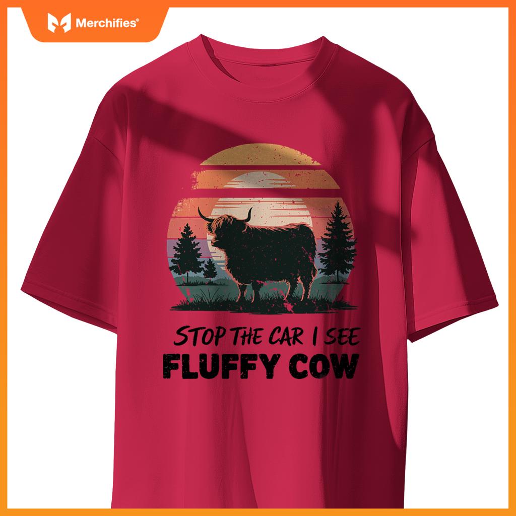Stop  Car See Fluffy Cow Highland Cow Farm Sunset Nature T-Shirt