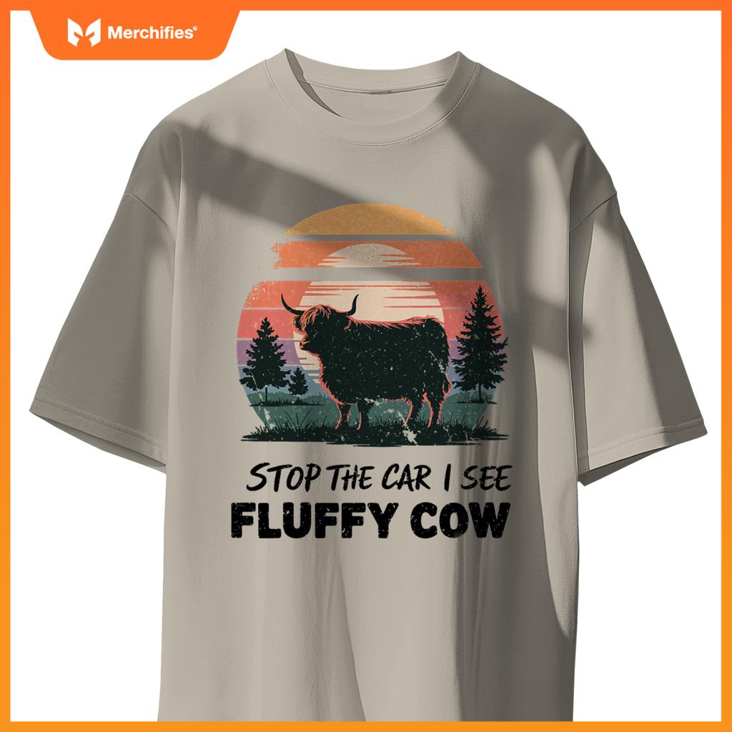 Stop  Car See Fluffy Cow Highland Cow Farm Sunset Nature T-Shirt