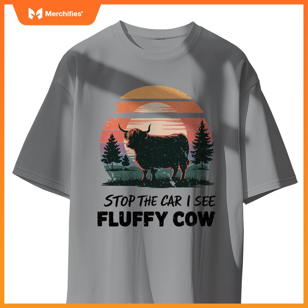 Stop  Car See Fluffy Cow Highland Cow Farm Sunset Nature T-Shirt