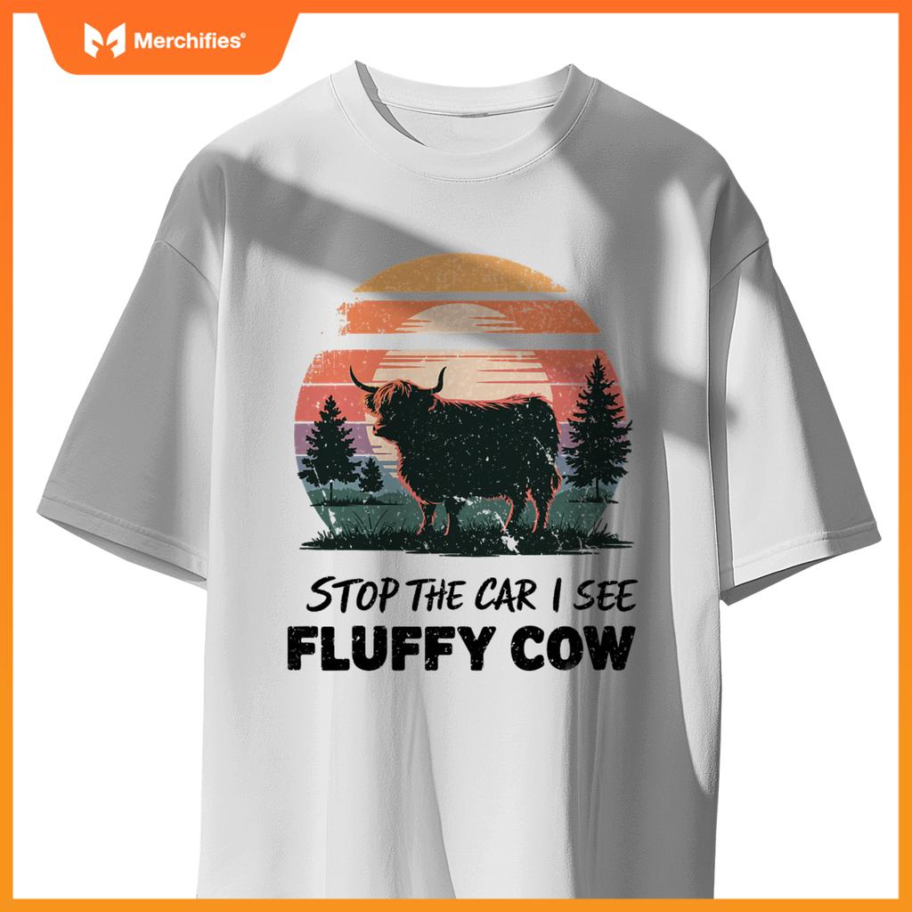 Stop  Car See Fluffy Cow Highland Cow Farm Sunset Nature T-Shirt