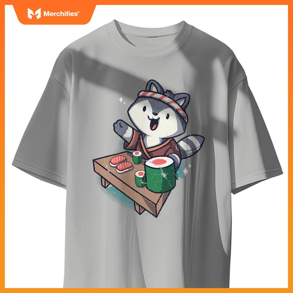 Sushi Chef Raccoon Cartoon Animals Japanese Food Sushi Fan T-Shirt