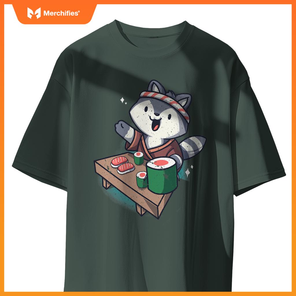Sushi Chef Raccoon Cartoon Animals Japanese Food Sushi Fan T-Shirt