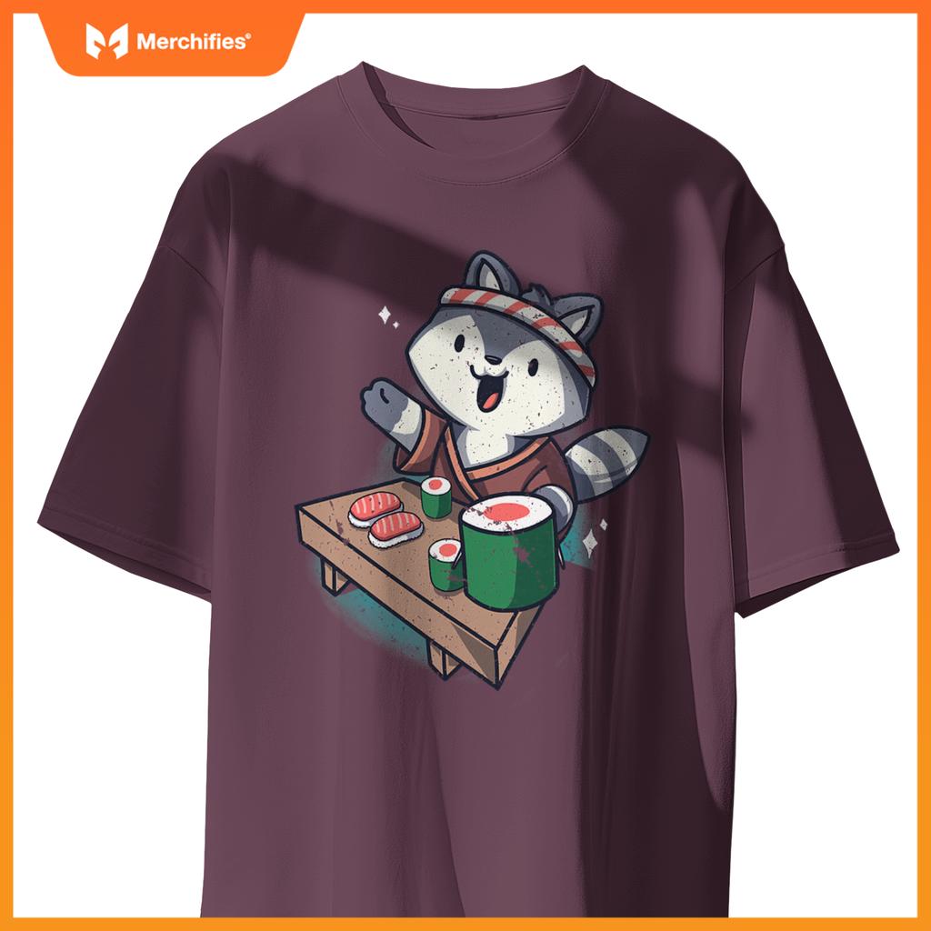 Sushi Chef Raccoon Cartoon Animals Japanese Food Sushi Fan T-Shirt