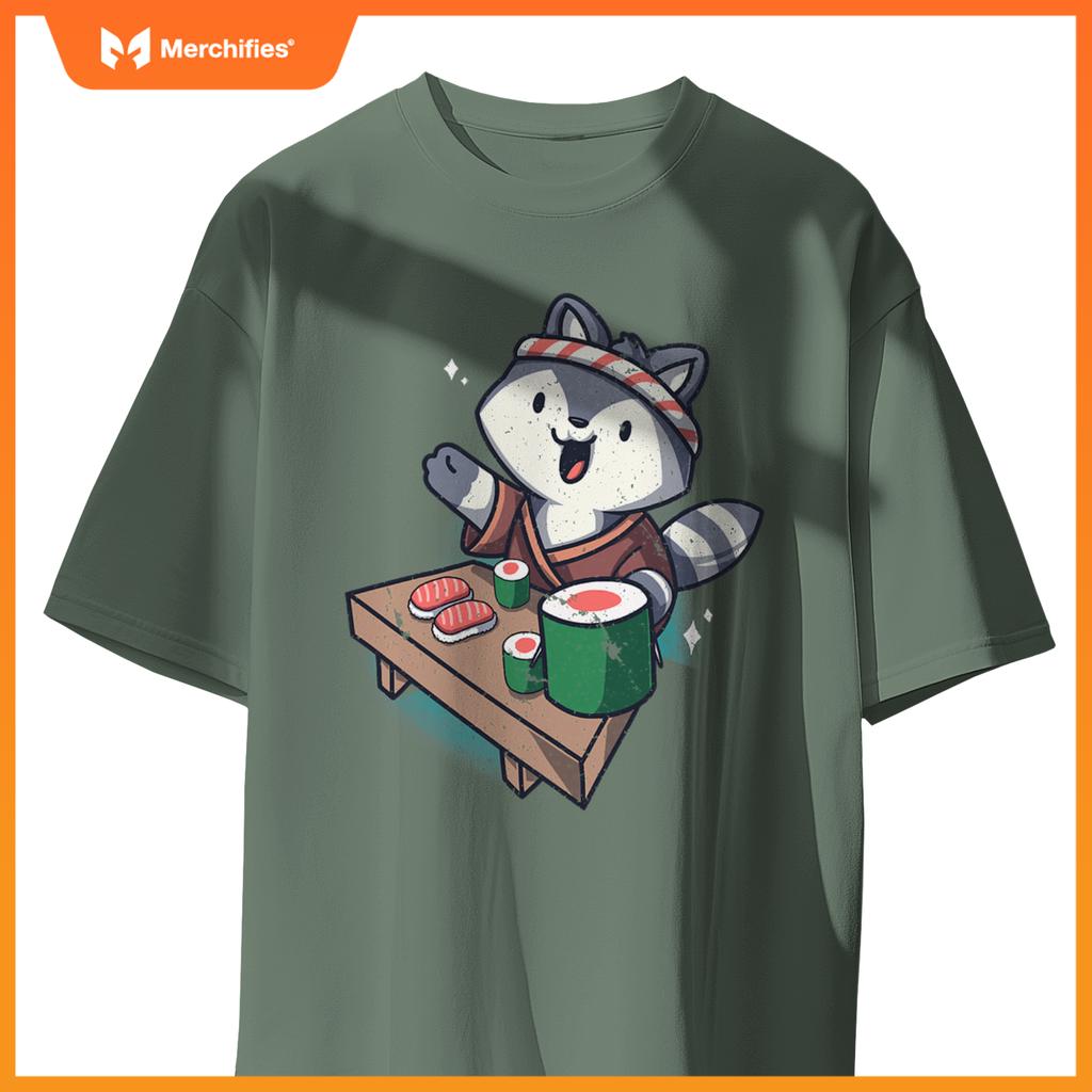 Sushi Chef Raccoon Cartoon Animals Japanese Food Sushi Fan T-Shirt