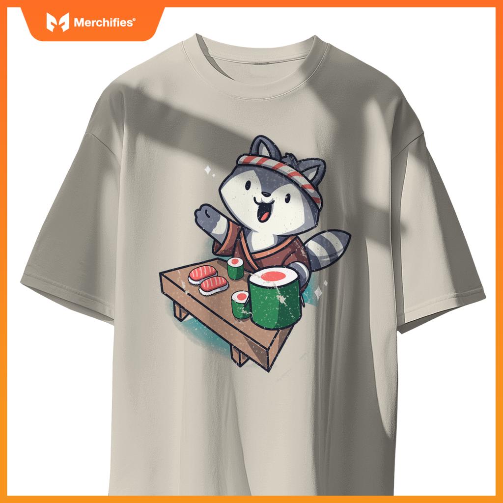 Sushi Chef Raccoon Cartoon Animals Japanese Food Sushi Fan T-Shirt