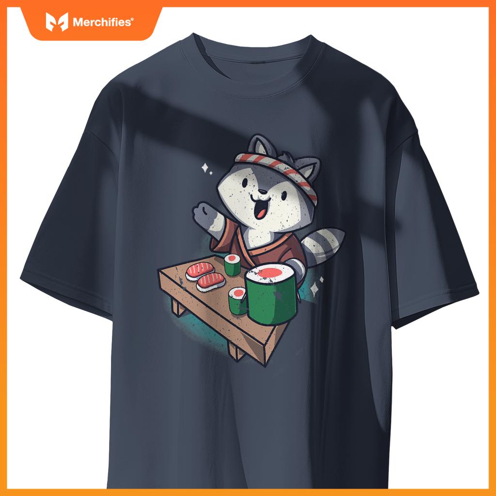 Sushi Chef Raccoon Cartoon Animals Japanese Food Sushi Fan T-Shirt