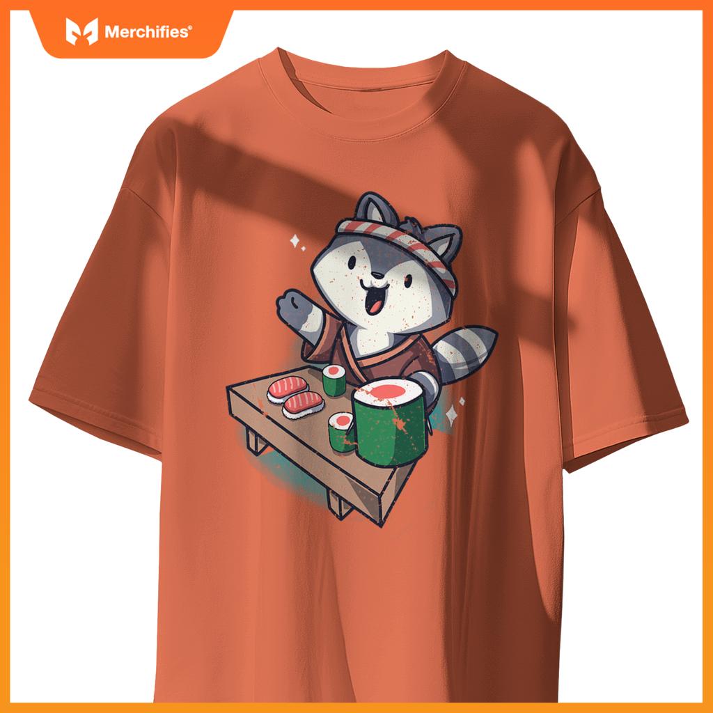 Sushi Chef Raccoon Cartoon Animals Japanese Food Sushi Fan T-Shirt