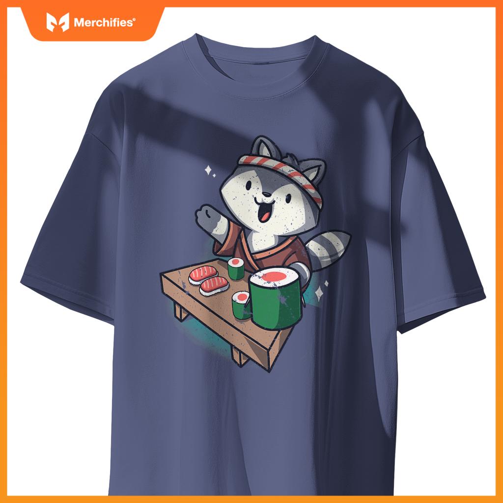 Sushi Chef Raccoon Cartoon Animals Japanese Food Sushi Fan T-Shirt