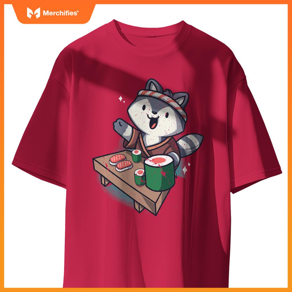 Sushi Chef Raccoon Cartoon Animals Japanese Food Sushi Fan T-Shirt