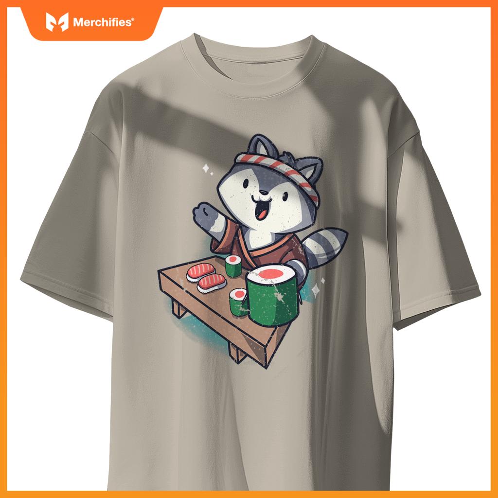 Sushi Chef Raccoon Cartoon Animals Japanese Food Sushi Fan T-Shirt