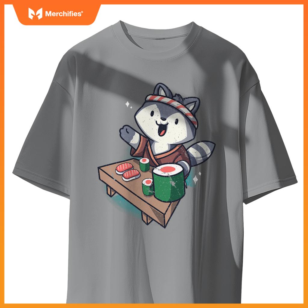Sushi Chef Raccoon Cartoon Animals Japanese Food Sushi Fan T-Shirt