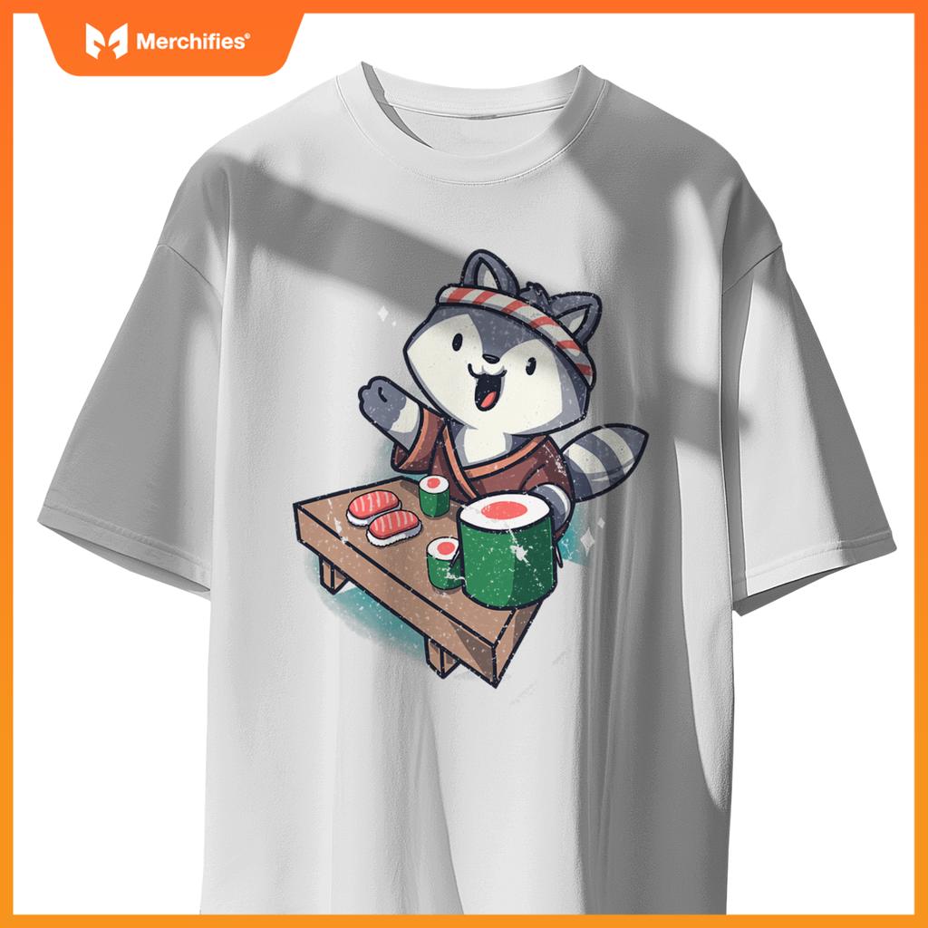 Sushi Chef Raccoon Cartoon Animals Japanese Food Sushi Fan T-Shirt