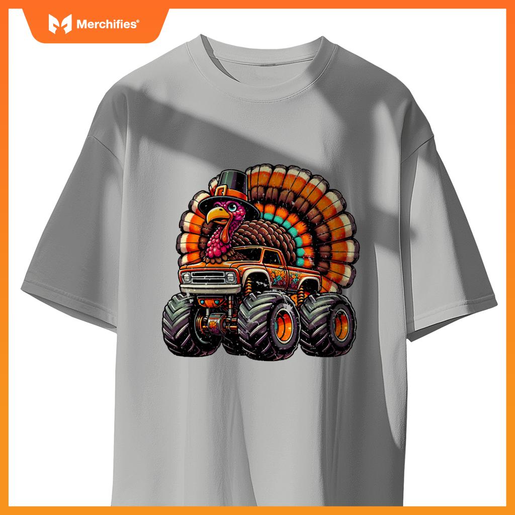 Thanksgiving Turkey Riding Monster Truck Boys Kids T-Shirt