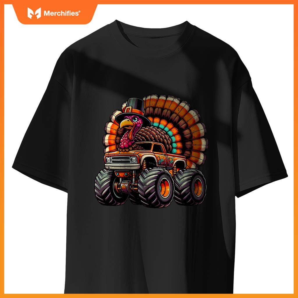 Thanksgiving Turkey Riding Monster Truck Boys Kids T-Shirt