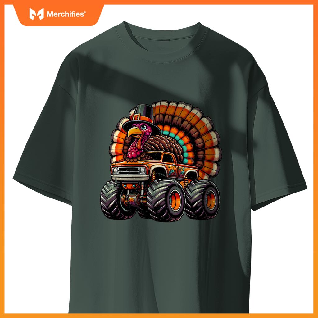 Thanksgiving Turkey Riding Monster Truck Boys Kids T-Shirt