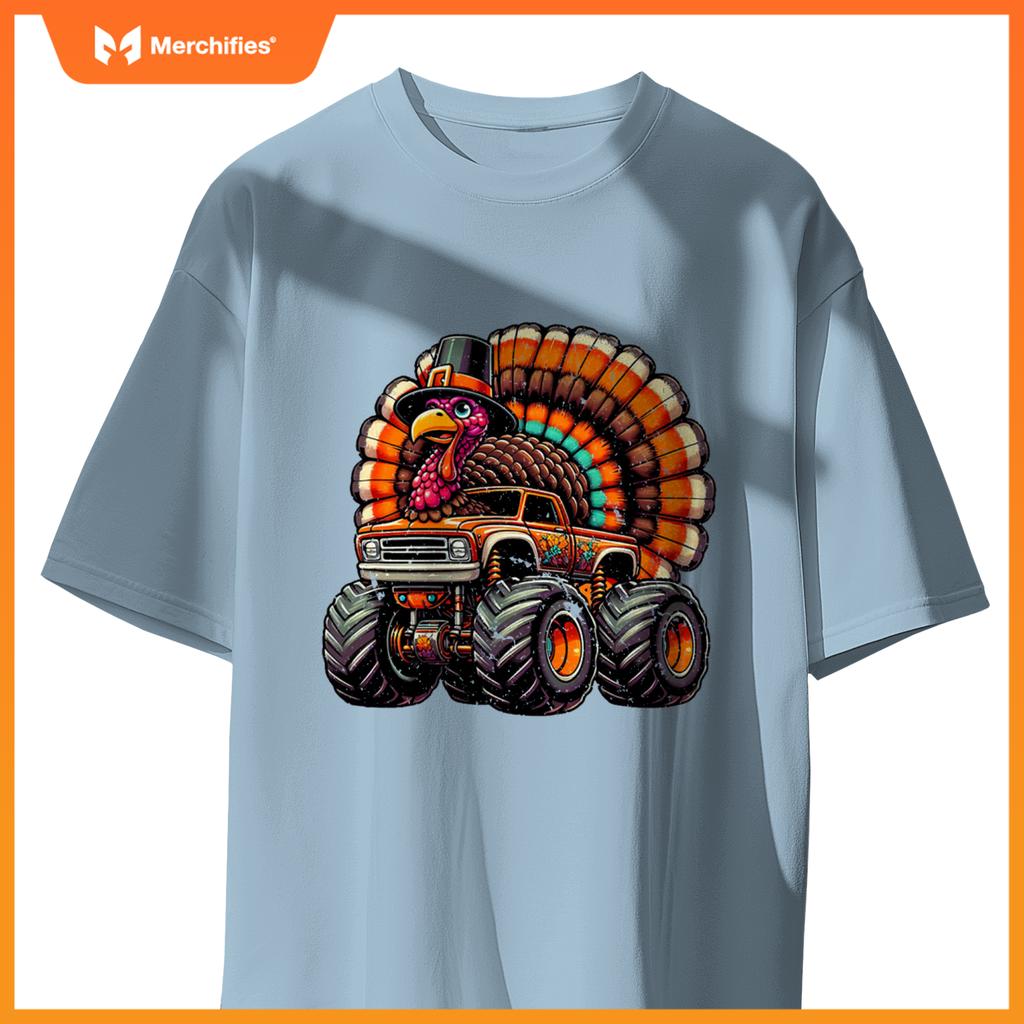 Thanksgiving Turkey Riding Monster Truck Boys Kids T-Shirt