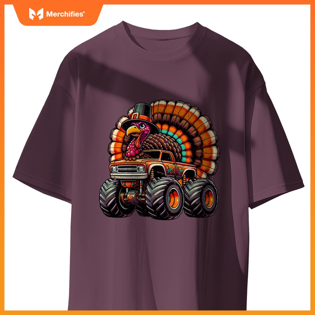 Thanksgiving Turkey Riding Monster Truck Boys Kids T-Shirt