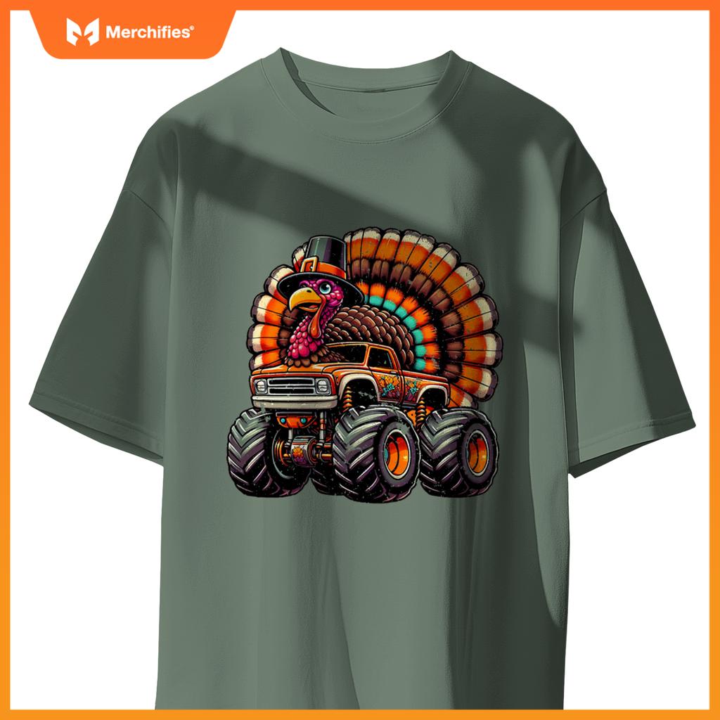 Thanksgiving Turkey Riding Monster Truck Boys Kids T-Shirt