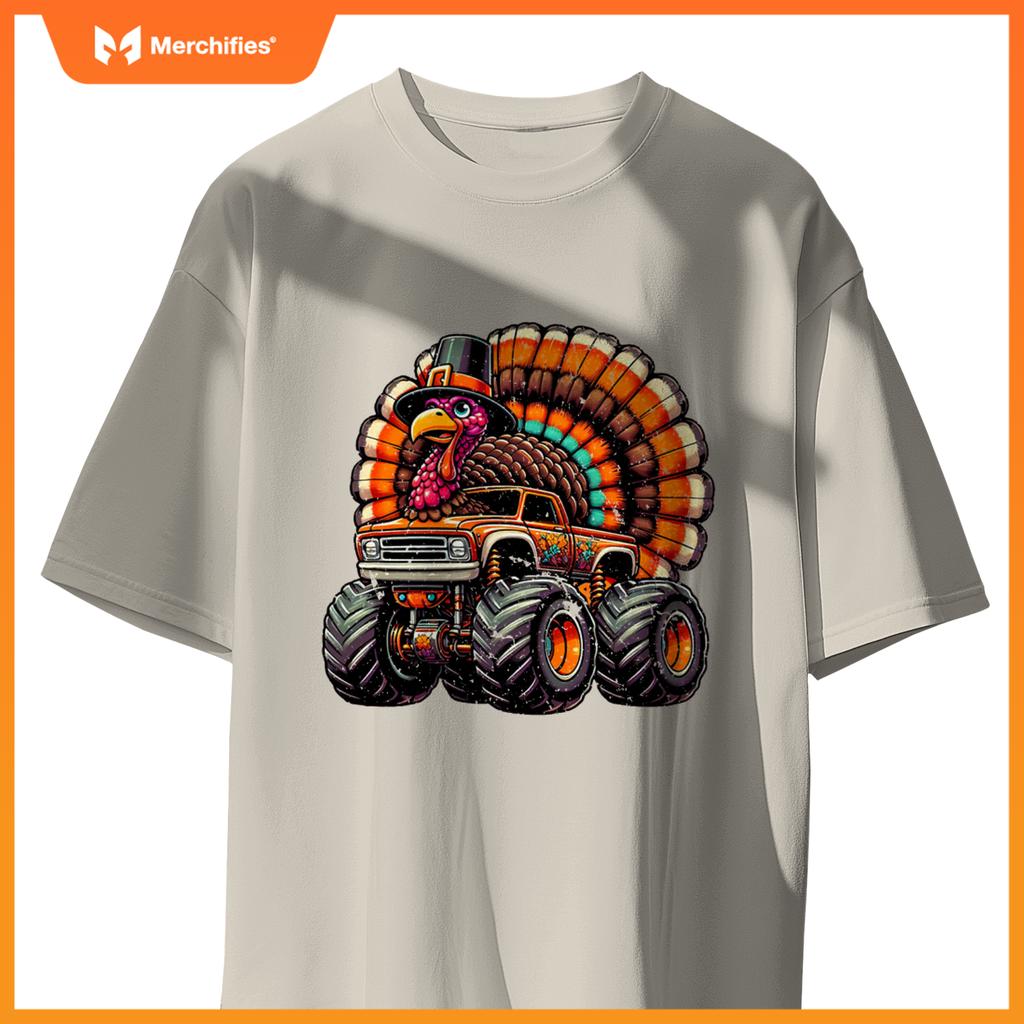 Thanksgiving Turkey Riding Monster Truck Boys Kids T-Shirt