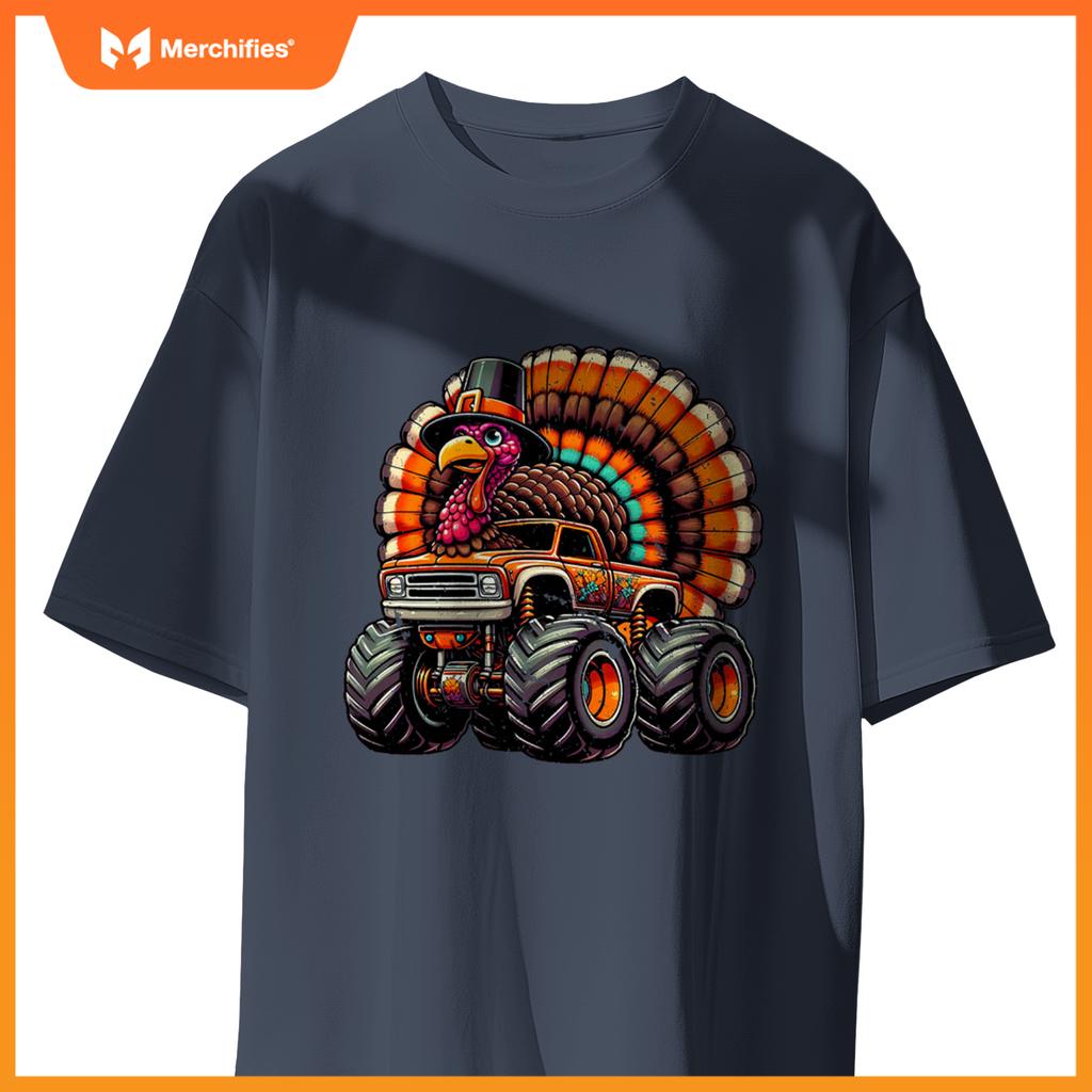 Thanksgiving Turkey Riding Monster Truck Boys Kids T-Shirt