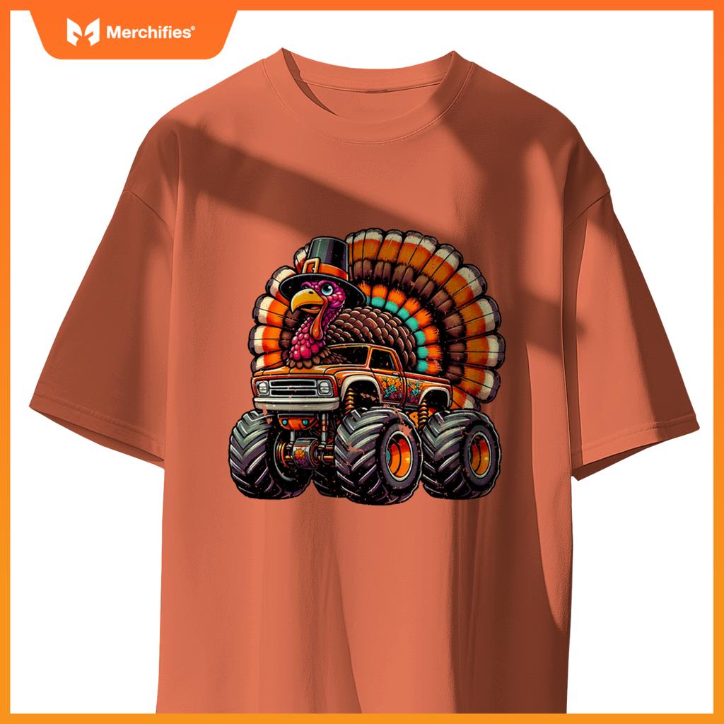 Thanksgiving Turkey Riding Monster Truck Boys Kids T-Shirt