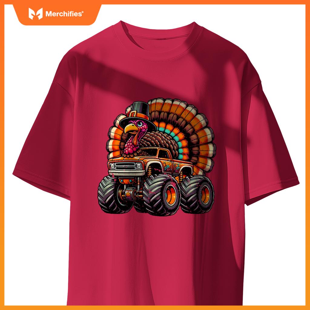 Thanksgiving Turkey Riding Monster Truck Boys Kids T-Shirt