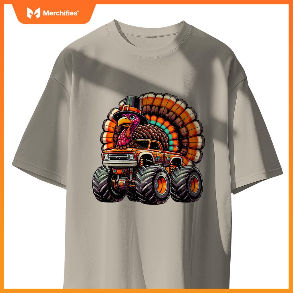 Thanksgiving Turkey Riding Monster Truck Boys Kids T-Shirt