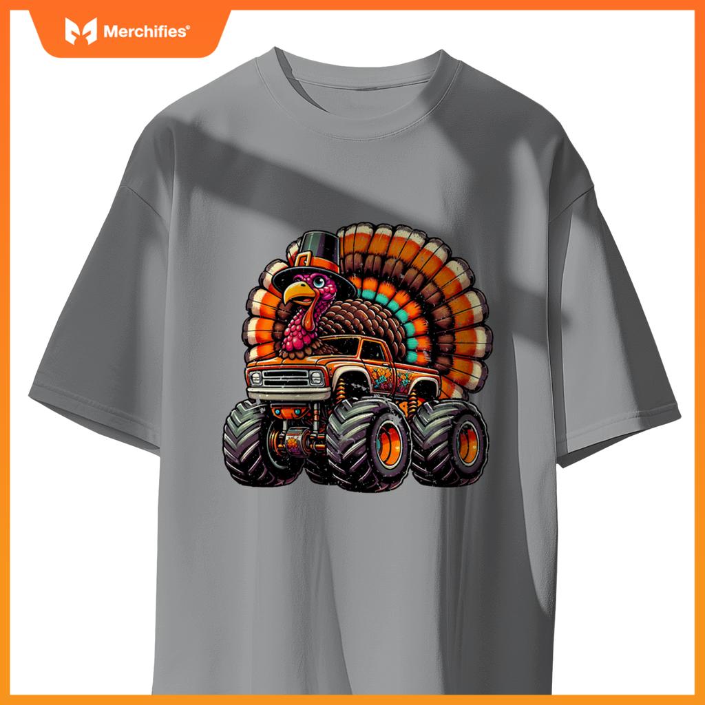 Thanksgiving Turkey Riding Monster Truck Boys Kids T-Shirt