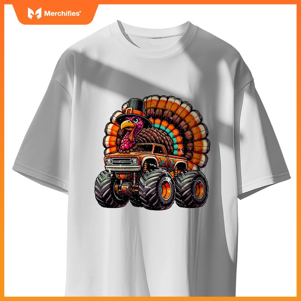 Thanksgiving Turkey Riding Monster Truck Boys Kids T-Shirt