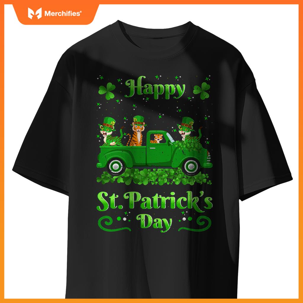 Tiger Riding Green Truck  Tiger St Patricks Day T-Shirt