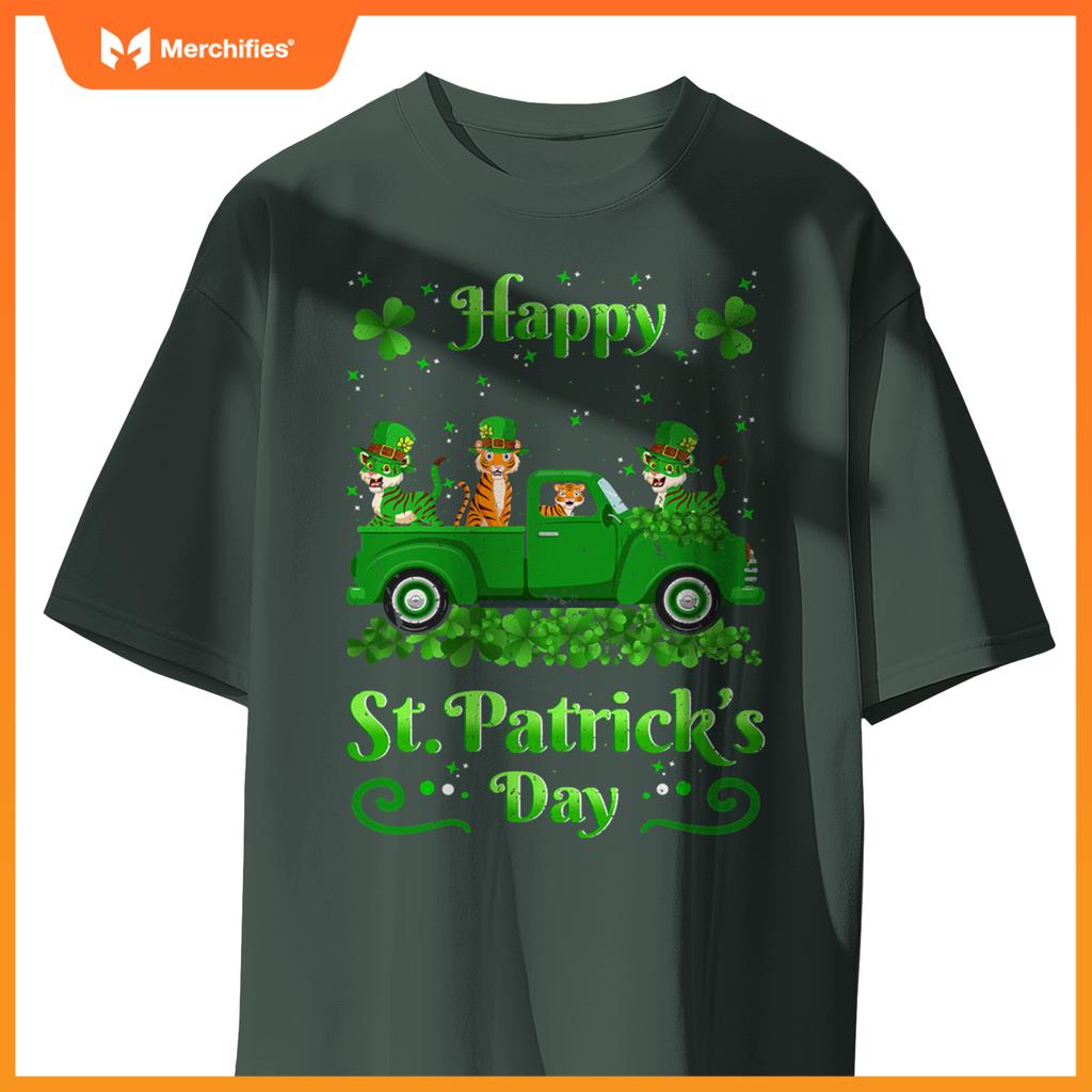 Tiger Riding Green Truck  Tiger St Patricks Day T-Shirt