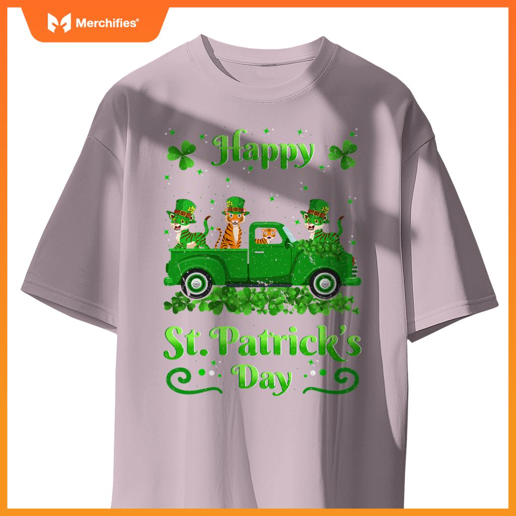 Tiger Riding Green Truck  Tiger St Patricks Day T-Shirt