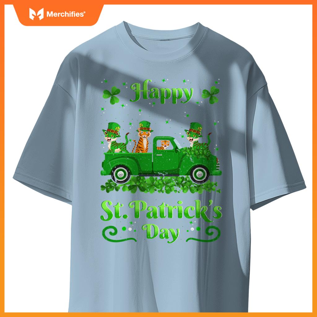Tiger Riding Green Truck  Tiger St Patricks Day T-Shirt