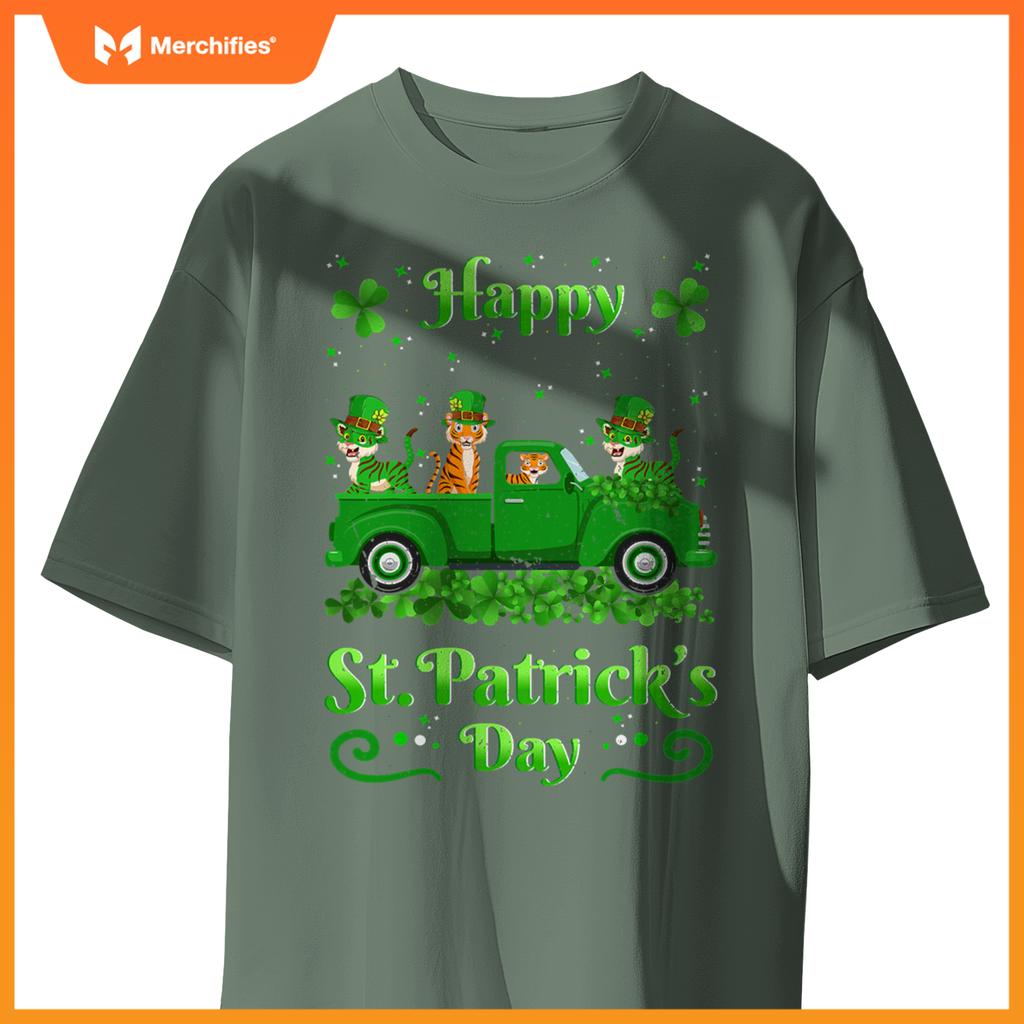 Tiger Riding Green Truck  Tiger St Patricks Day T-Shirt