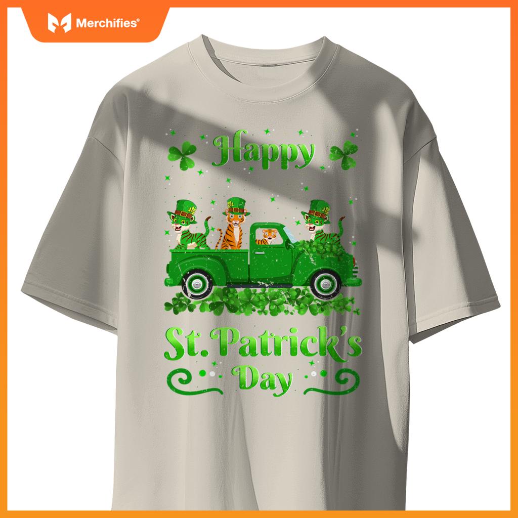 Tiger Riding Green Truck  Tiger St Patricks Day T-Shirt