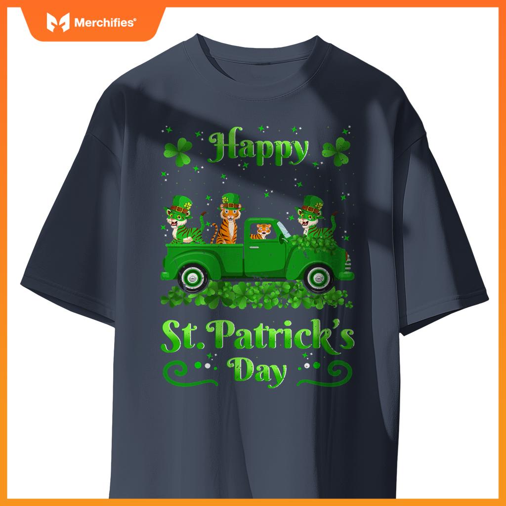 Tiger Riding Green Truck  Tiger St Patricks Day T-Shirt