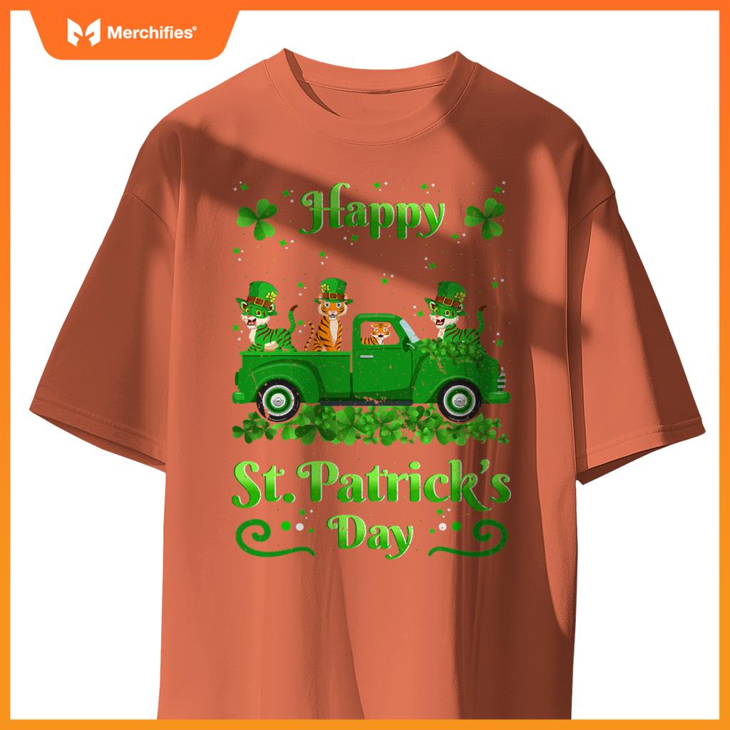 Tiger Riding Green Truck  Tiger St Patricks Day T-Shirt