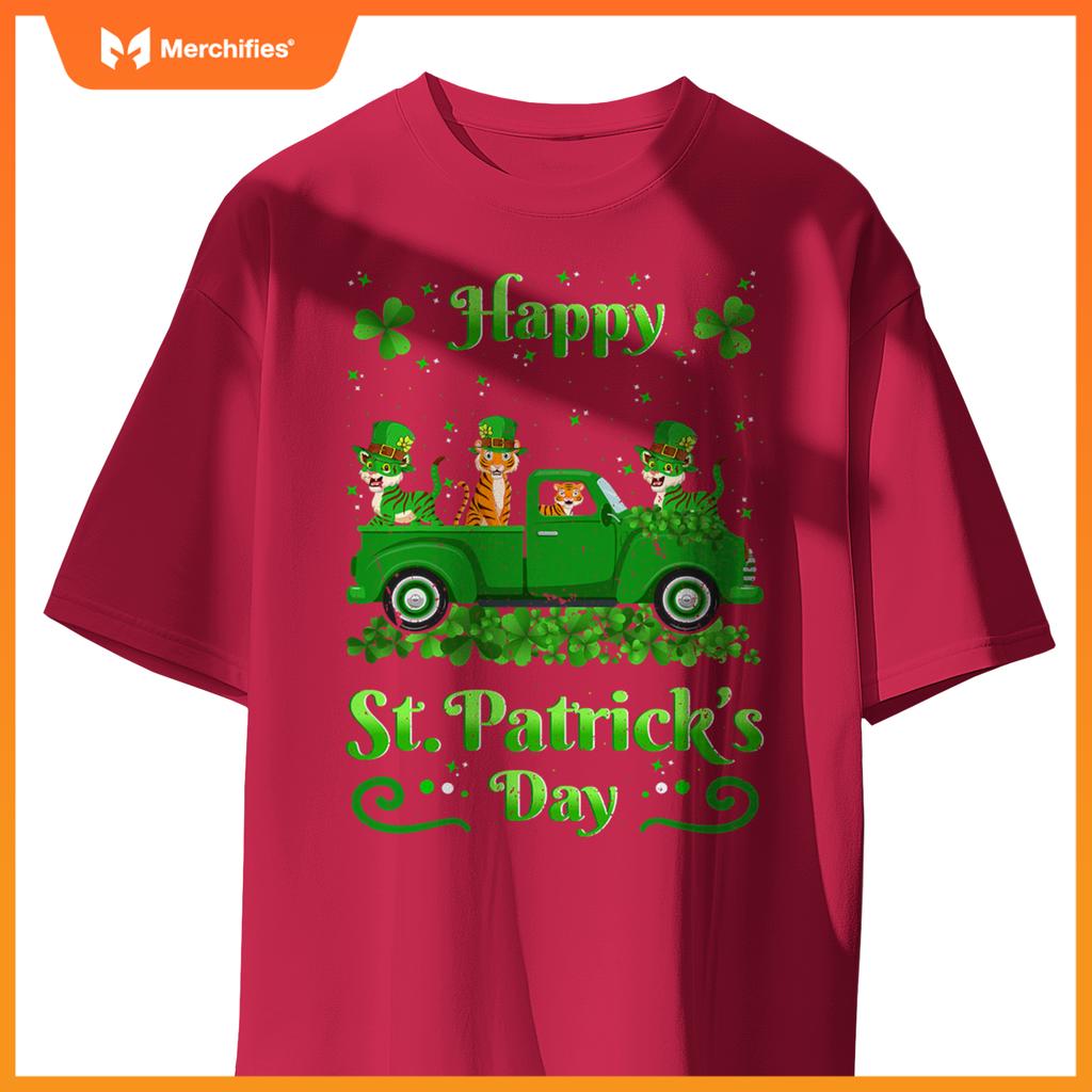 Tiger Riding Green Truck  Tiger St Patricks Day T-Shirt