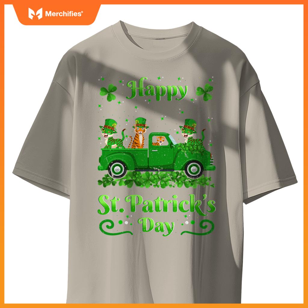 Tiger Riding Green Truck  Tiger St Patricks Day T-Shirt