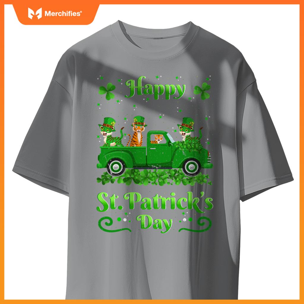 Tiger Riding Green Truck  Tiger St Patricks Day T-Shirt