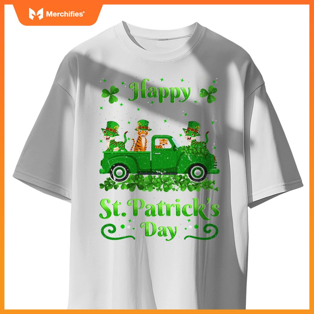 Tiger Riding Green Truck  Tiger St Patricks Day T-Shirt