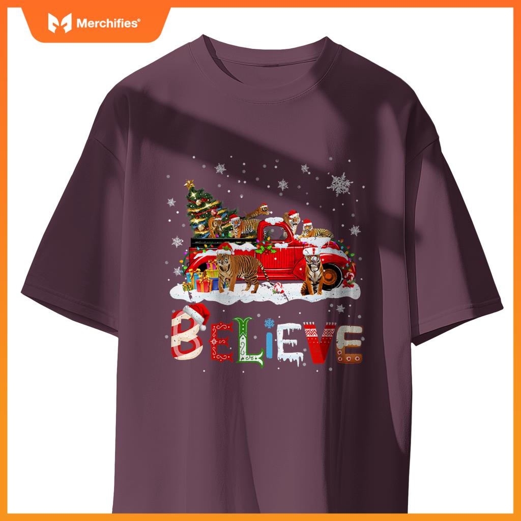 Tiger Riding Red Truck Christmas Tree Believe Santa Pajama T-Shirt