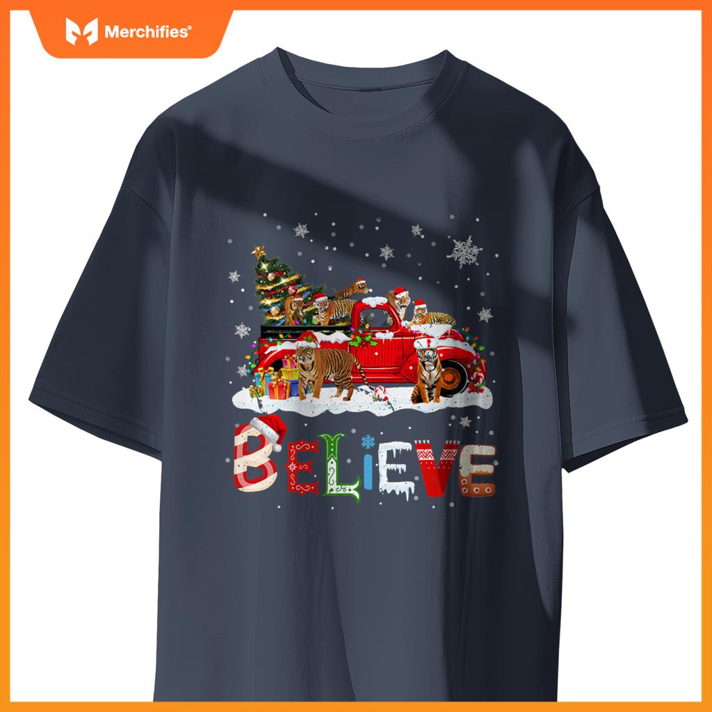 Tiger Riding Red Truck Christmas Tree Believe Santa Pajama T-Shirt