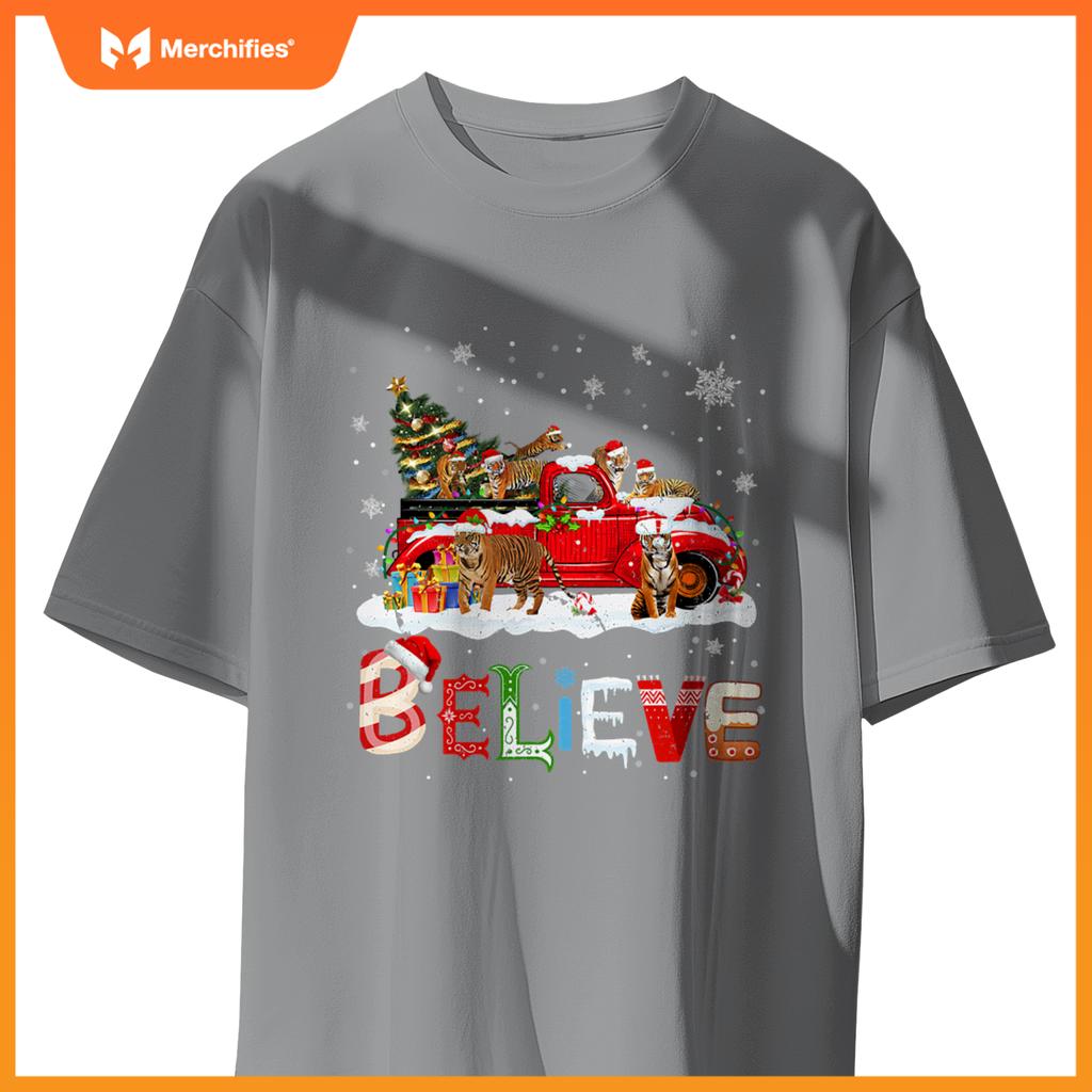 Tiger Riding Red Truck Christmas Tree Believe Santa Pajama T-Shirt