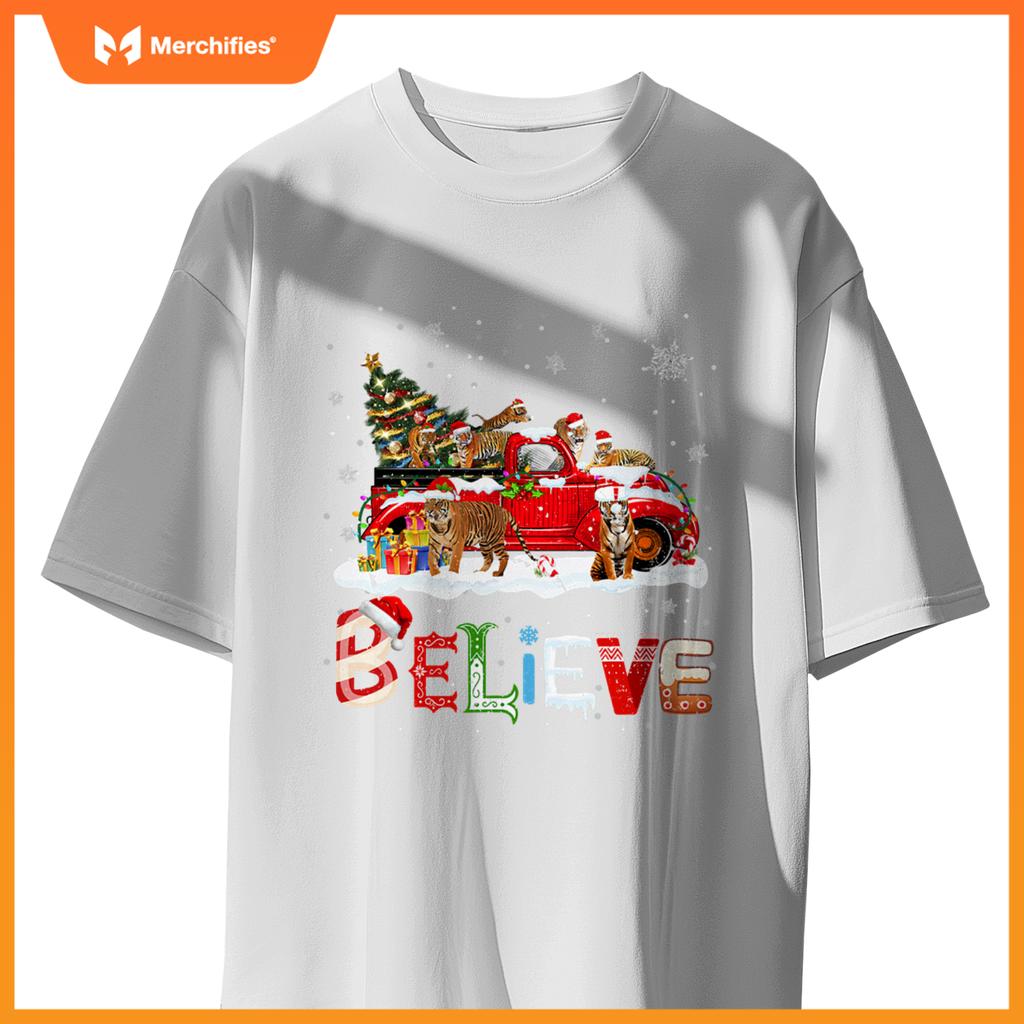 Tiger Riding Red Truck Christmas Tree Believe Santa Pajama T-Shirt