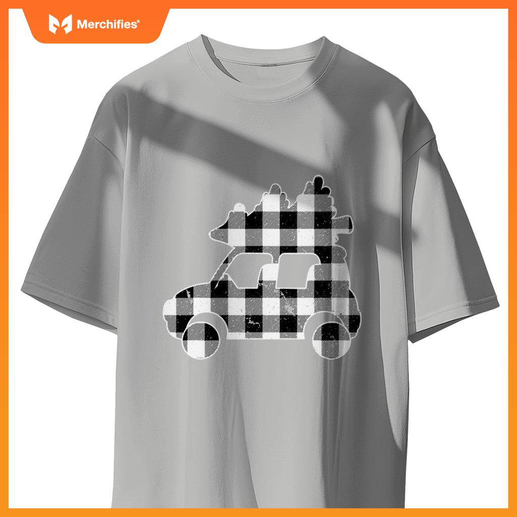 Truck Christmas Tree Black & White Buffalo Plaid Merry T-Shirt
